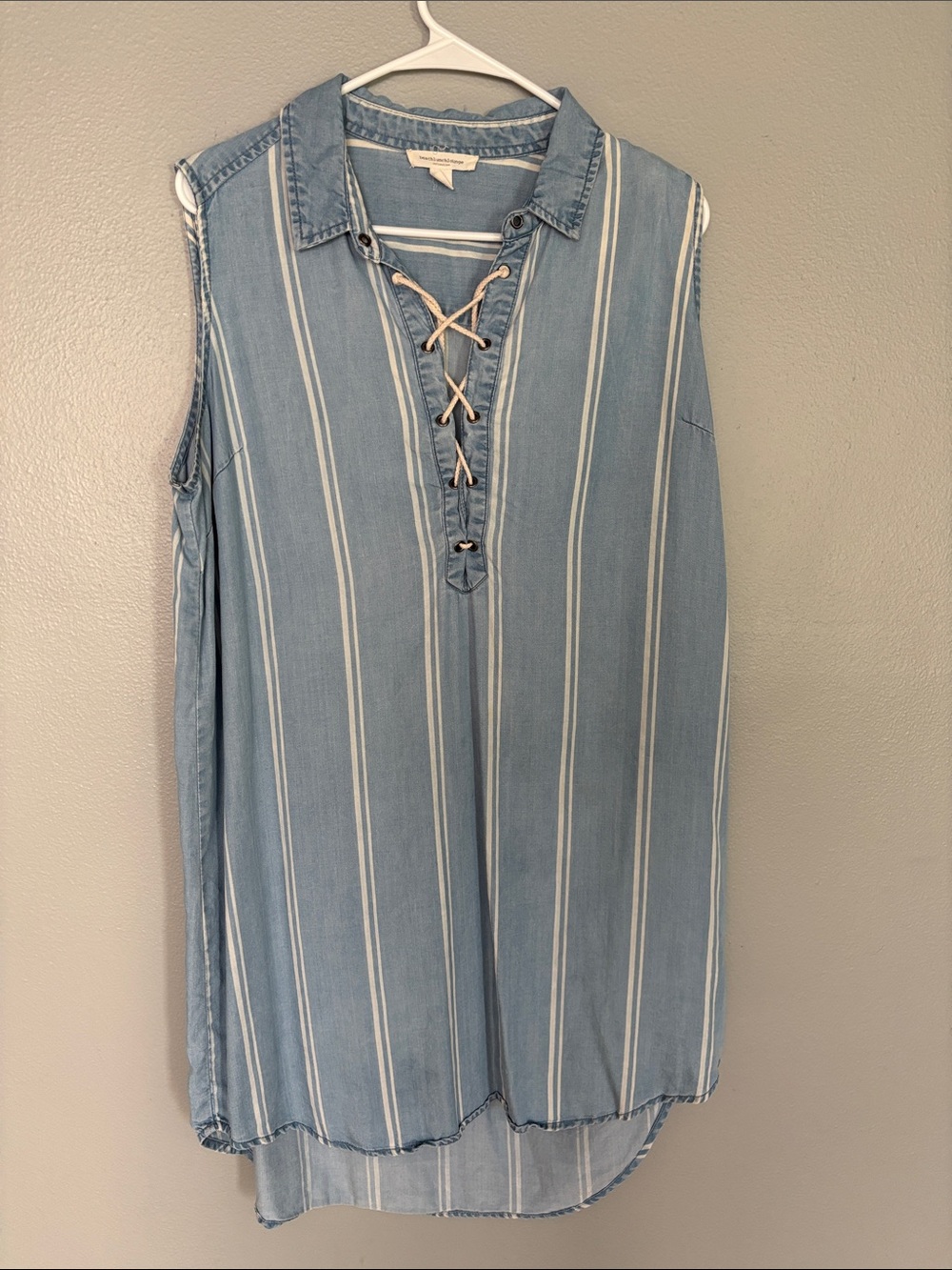 beachlunchlounge Light Blue and White Striped Lace-Up Sleeveless Tunic